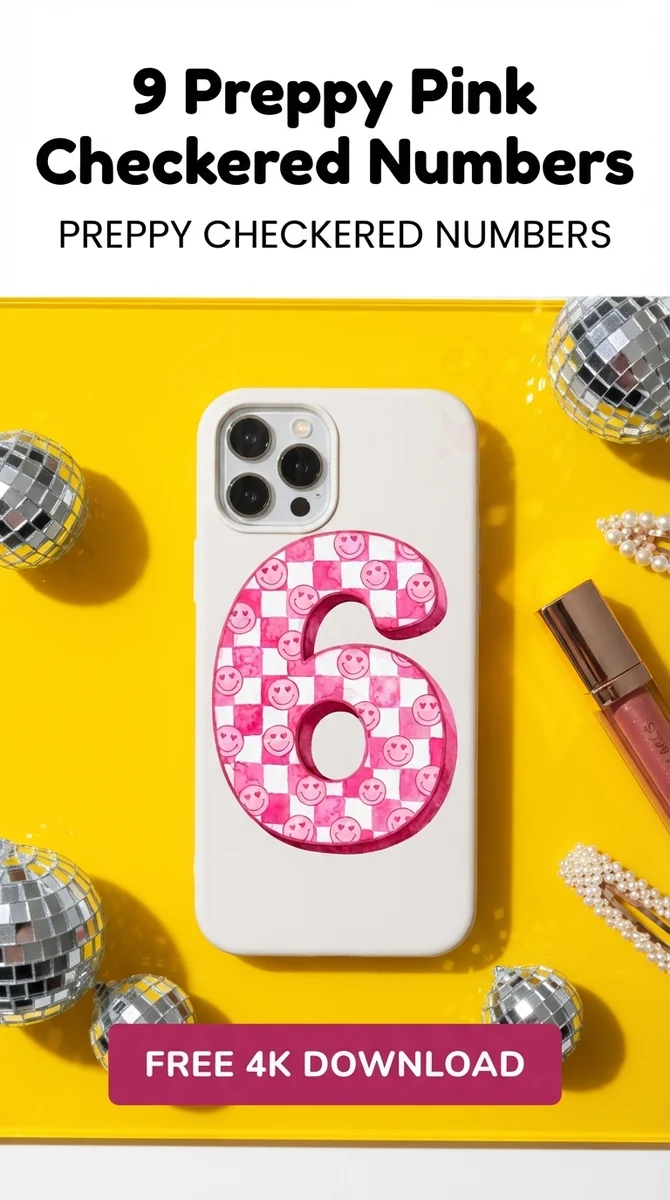 Free Preppy Number 6 Clipart PNG | Pink Smiley Graphics — Preppy Pink Checkered Numbers | Y2K Birthday PNG watercolor clipart
