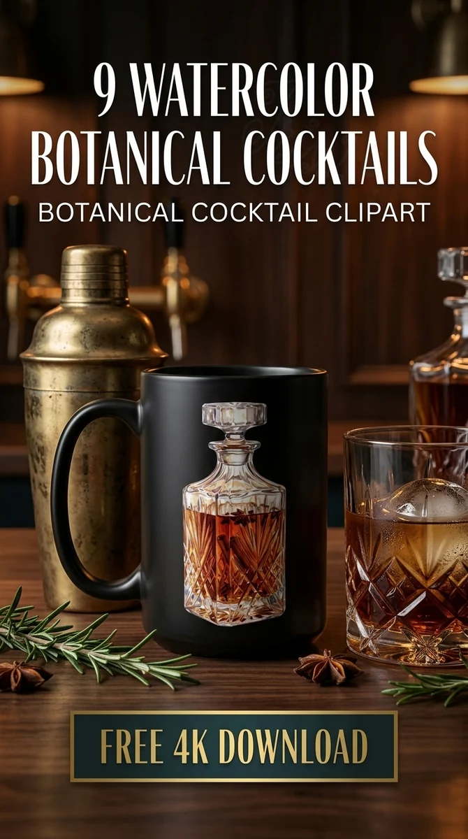 Free Crystal Whiskey Decanter PNG | Vintage Bar Decor Art — Botanical Mixology | Craft Cocktail Clipart watercolor clipart