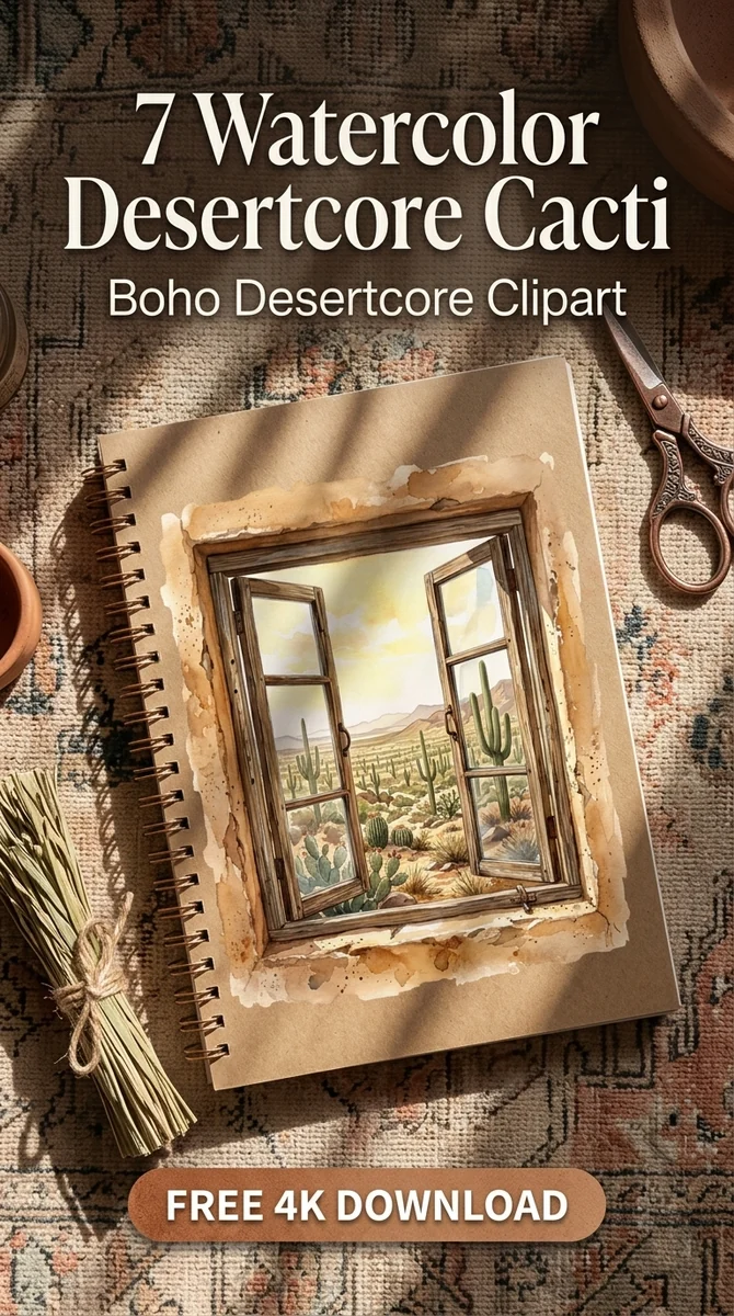 Free Open Window Desert Scenery PNG | Southwestern Landscape — Boho Desertcore Cacti Clipart watercolor clipart
