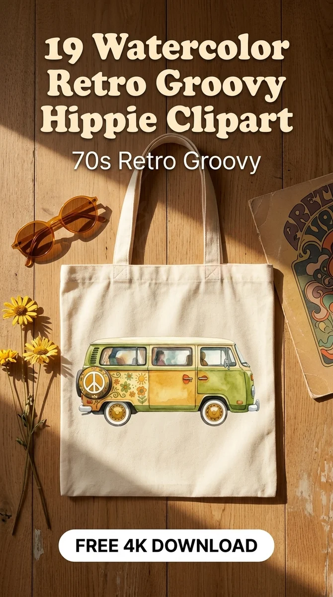 Free Retro Hippie Van PNG | Vintage Green & Yellow Peace Bus Clipart — Retro Groovy Clipart | Hippie 70s PNG watercolor clipart
