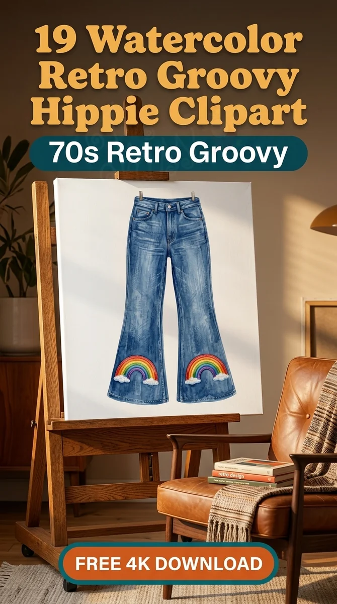 Free Retro Denim Clipart | Bell Bottom Jeans with Rainbow Patches — Retro Groovy Clipart | Hippie 70s PNG watercolor clipart