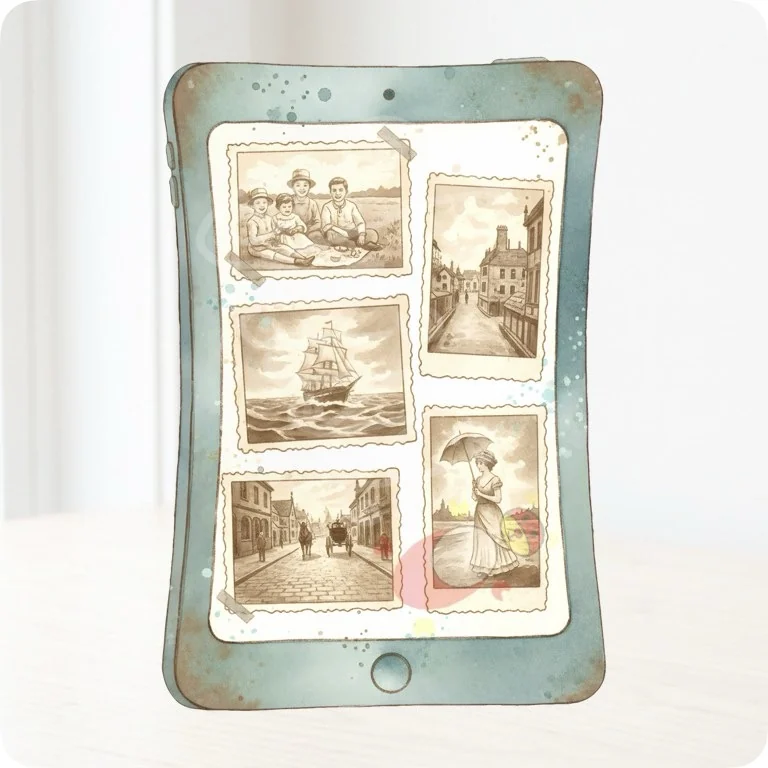 Free Vintage Photos on Tablet PNG | Retro Digital Scrapbook Clipart — Aesthetic Tech Clipart | WFH & Digital Planner PNG watercolor clipart