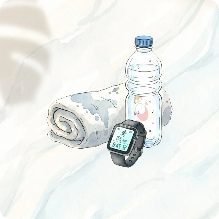 Gym Essentials Flatlay PNG | Watch & Water Bottle Art — Fitness Recovery Clipart | Wellness & Workout PNGs watercolor clipart