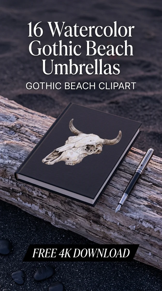 Free Gothic Steer Skull PNG | Rustic Western Beach Clipart β Summerween Clipart | Gothic Beach PNG watercolor clipart