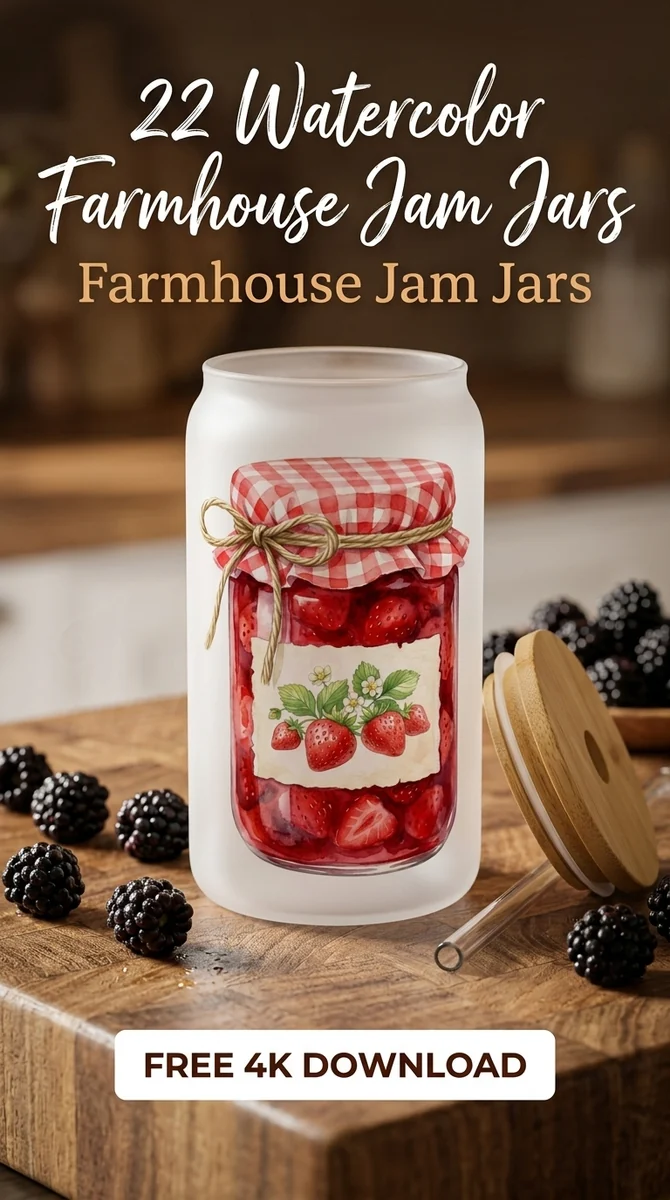 Free Red Gingham Strawberry Jam PNG | Mason Jar Art — Cottagecore Jam Jar Clipart | Rustic Farmhouse PNG watercolor clipart