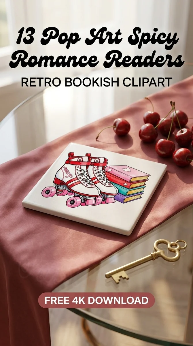 Free Retro Roller Skates PNG | Pink Boots & Book Stack Clipart โ Spicy Romance Reader Clipart PNG watercolor clipart