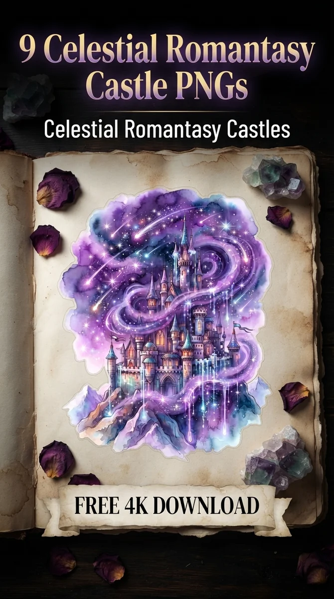 Free Enchanted Romantasy Castle PNG | Purple Magic Sky Art — Celestial Romantasy | Fantasy Castle Clipart watercolor clipart