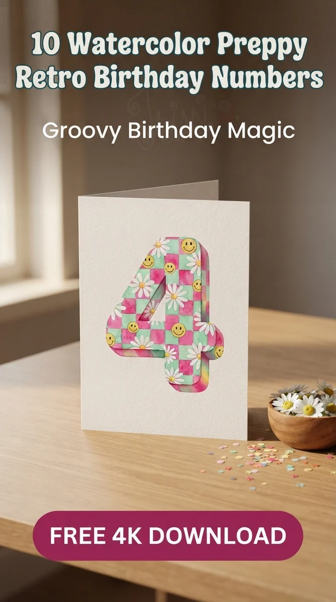 Free Retro Number 4 PNG | Preppy Checkerboard Clipart — Preppy Retro Birthday | Groovy Y2K Clipart PNGs watercolor clipart