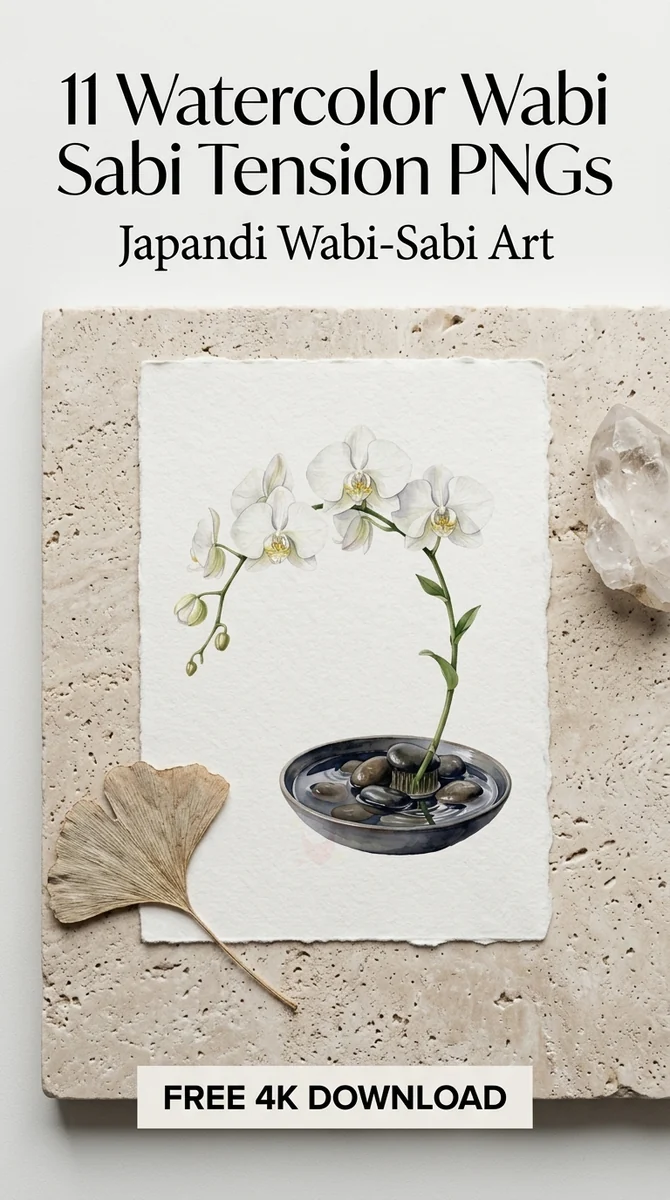 Free Zen White Orchid PNG | Watercolor Botanical Clipart — Wabi Sabi Clipart | Minimalist Japandi Floral PNGs watercolor clipart