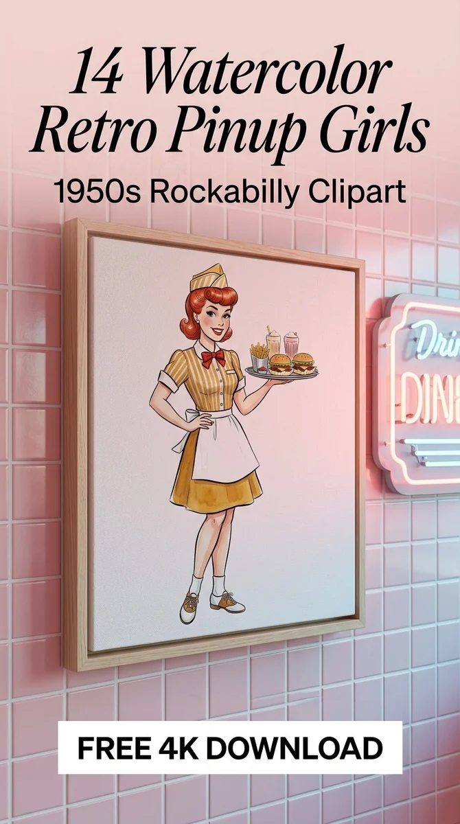 Free Retro Carhop Clipart PNG | 1950s Diner Waitress Illustration — Retro Pinup Clipart | 1950s Rockabilly PNG watercolor clipart