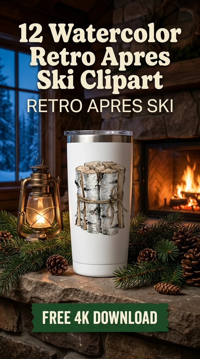 Free Firewood Stack PNG | Rustic Birch Logs Winter Clipart — Retro Apres Ski Clipart Cozy Winter Watercolor PNG watercolor clipart