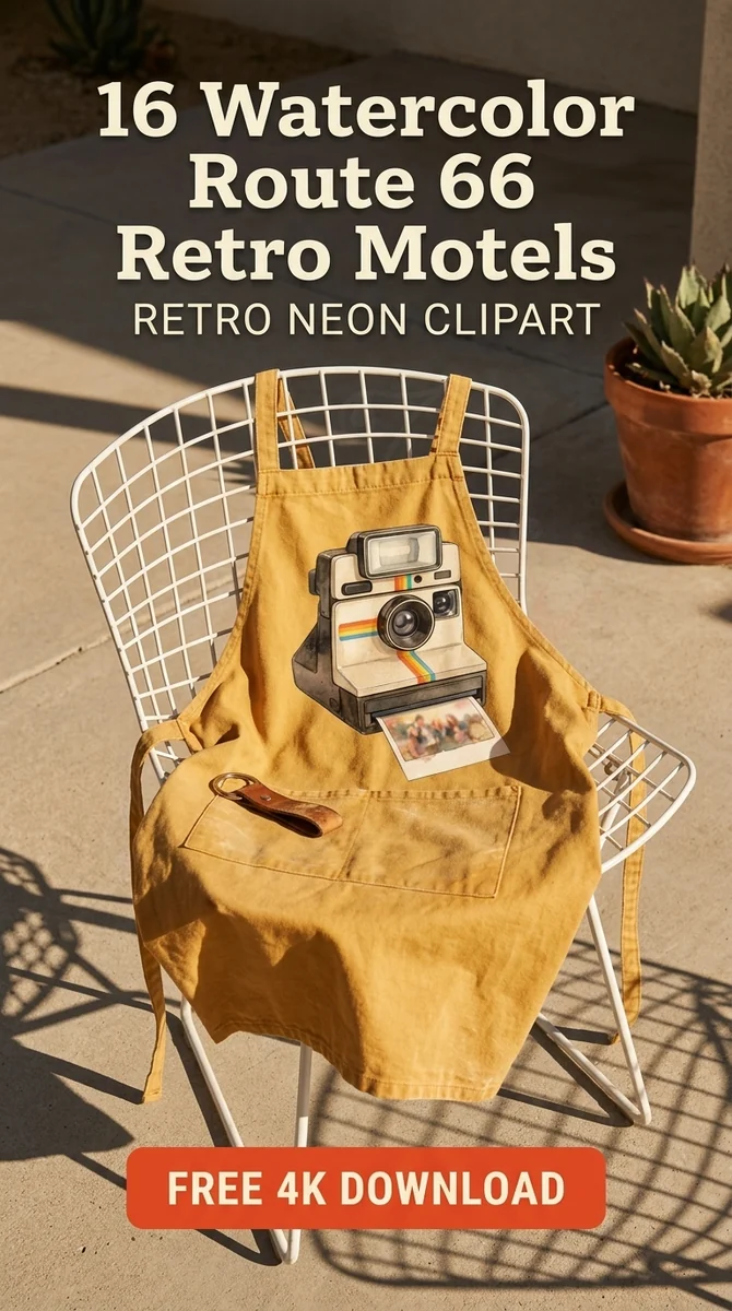 Free Vintage Polaroid Camera PNG | Retro Instant Camera Clipart — Route 66 Retro Neon Clipart Mid Century Modern PNG watercolor clipart