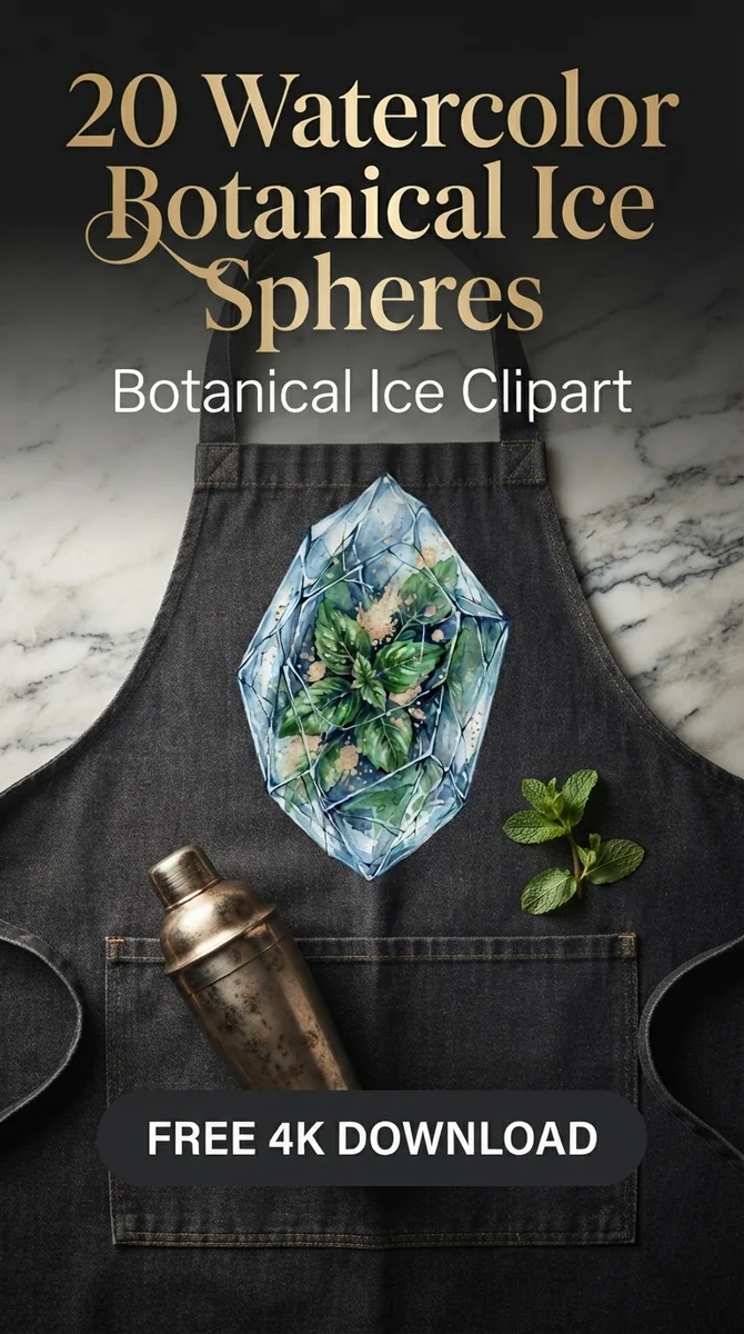 Free Basil Ice Shard PNG | Frozen Herb Cocktail Clipart — Botanical Ice Spheres | Floral Cocktail Clipart watercolor clipart
