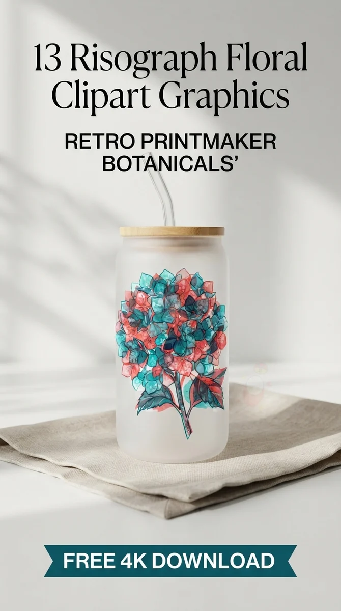 Free Blue & Red Botanical PNG | Grainy Riso Clipart — Risograph Floral Clipart | Retro Riso Art PNG watercolor clipart