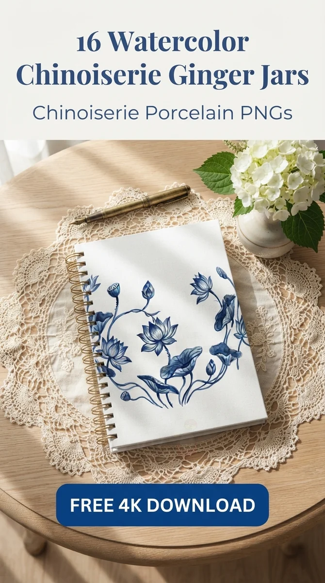 Free Lotus Flower Ginger Jar PNG | Blue White Melon Jar Clipart โ Grandmillennial | Chinoiserie Clipart PNGs watercolor clipart