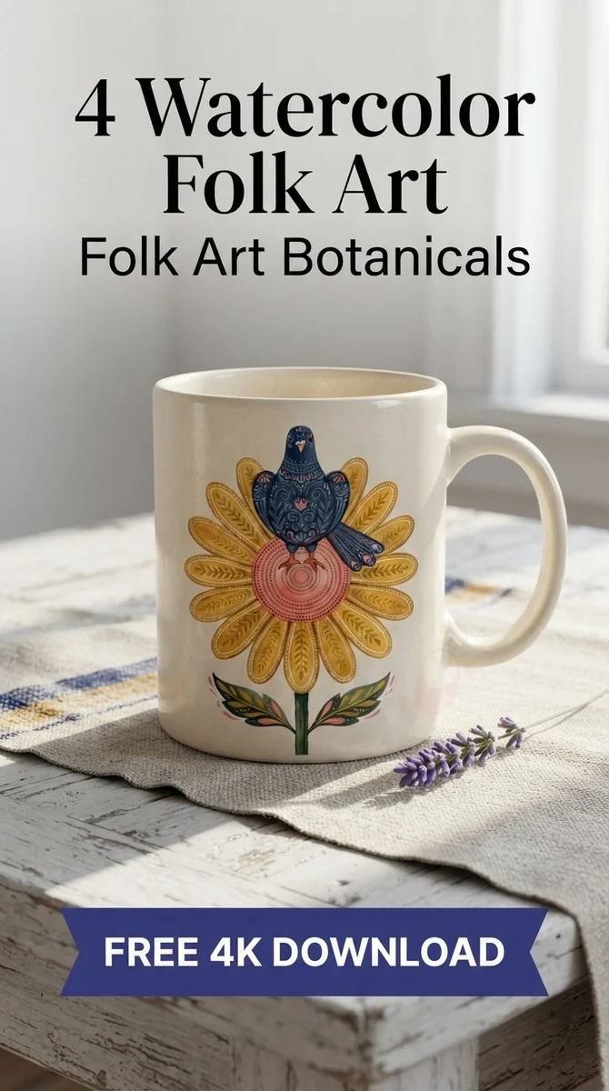 Free Folk Bird on Yellow Daisy PNG | Decorative Floral Clipart — Folk Art Botanicals | Whimsical Floral Clipart PNG watercolor clipart