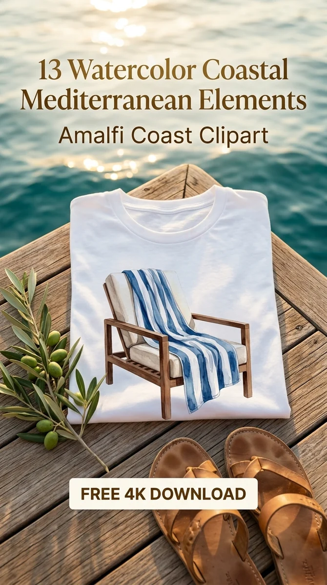 Free Resort Lounge Chair PNG | Mediterranean Beach Clipart — Amalfi Coast | Mediterranean Clipart PNG watercolor clipart