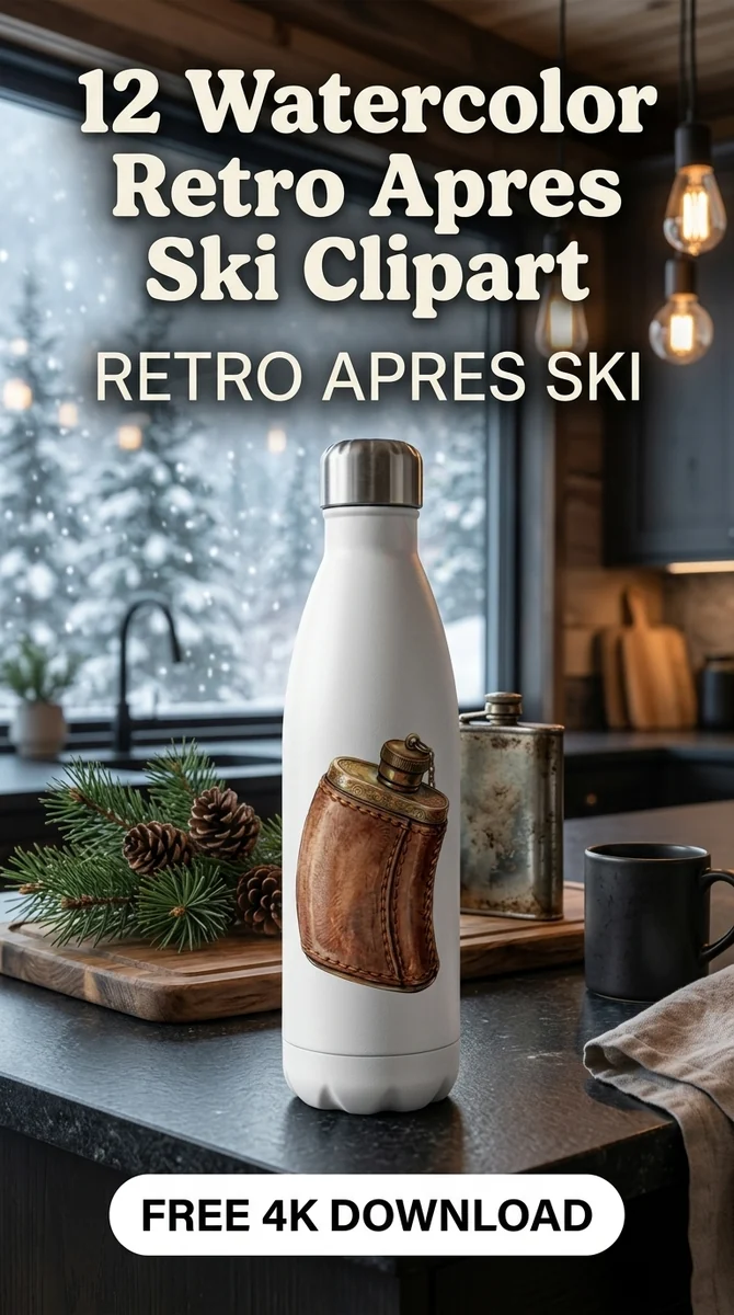 Free Vintage Leather Flask PNG | Retro Apres Ski Clipart — Retro Apres Ski Clipart Cozy Winter Watercolor PNG watercolor clipart