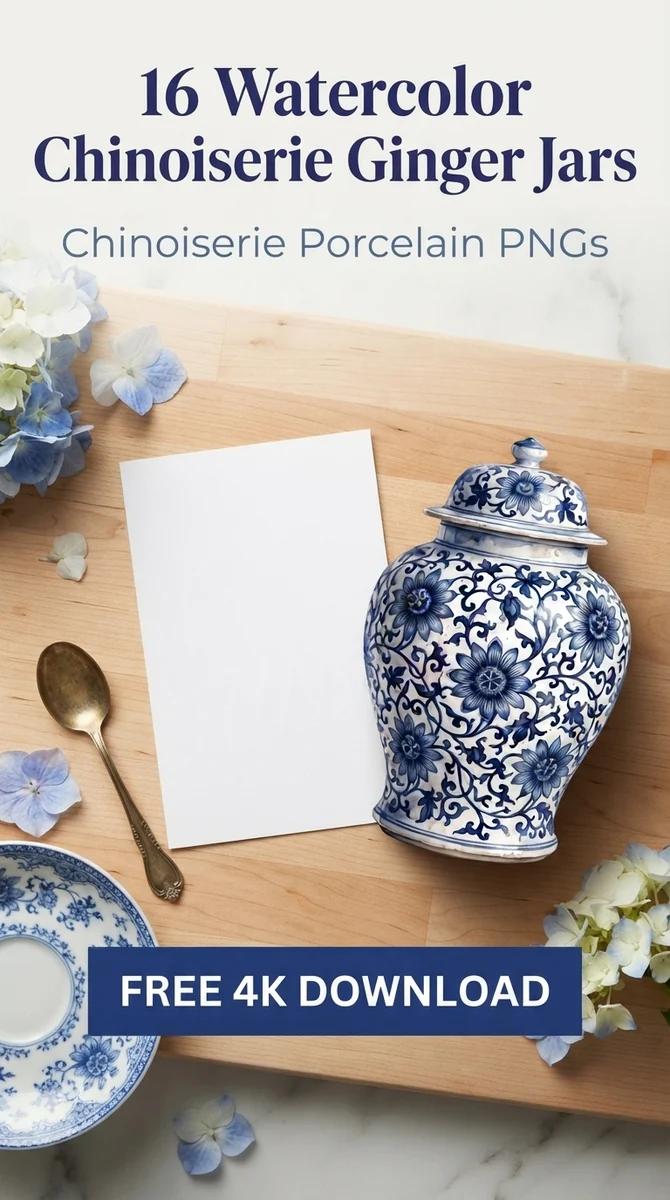 Free Antique Glaze Floral Jar PNG | Blue White Chinoiserie Clipart โ Grandmillennial | Chinoiserie Clipart PNGs watercolor clipart