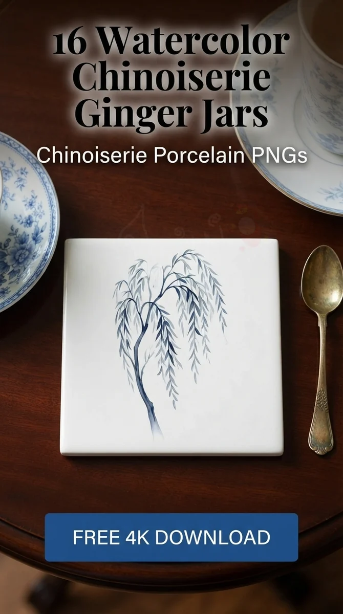 Free Blue Willow Tree Vase PNG | Minimalist Chinoiserie Clipart — Grandmillennial | Chinoiserie Clipart PNGs watercolor clipart