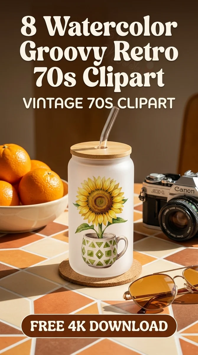 Free Retro Sunflower Mug PNG | 70s Geometric Clipart — 70s Retro Clipart | Vintage Groovy PNGs watercolor clipart