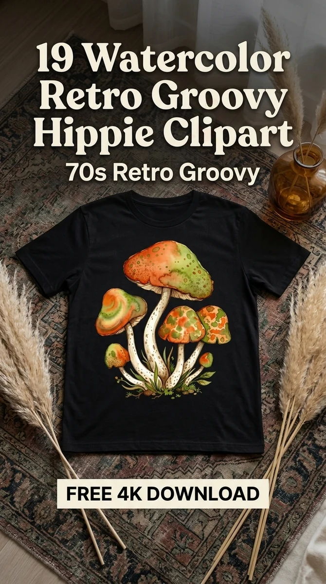 Free Retro Mushroom Clipart | Vintage Psychedelic Fungi PNG β Retro Groovy Clipart | Hippie 70s PNG watercolor clipart