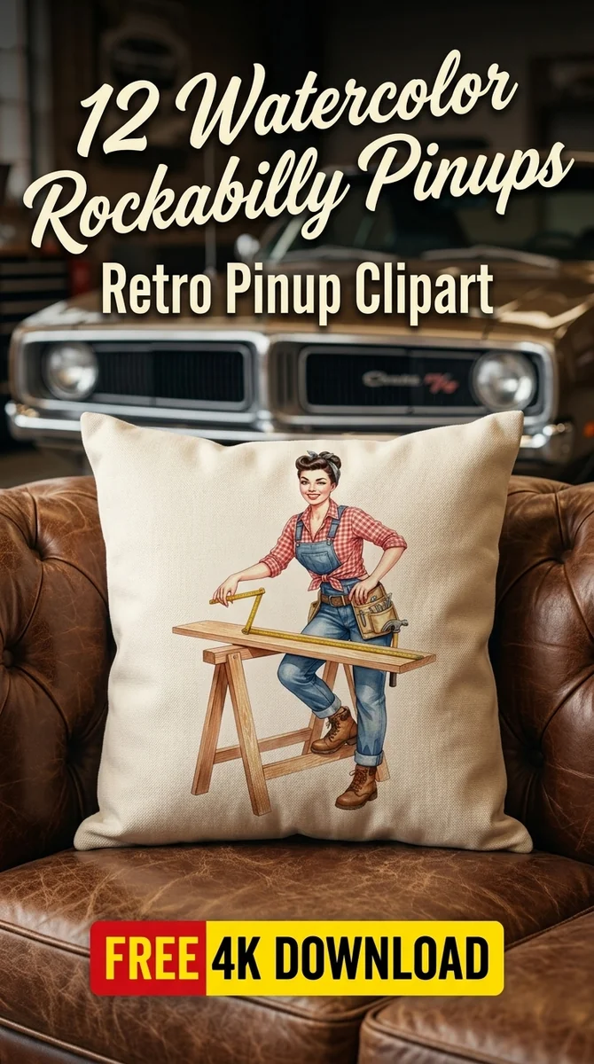 Free Retro Carpenter PNG | Pin-Up Woodworker Clipart — Rockabilly Pin-Up | Retro Clipart watercolor clipart