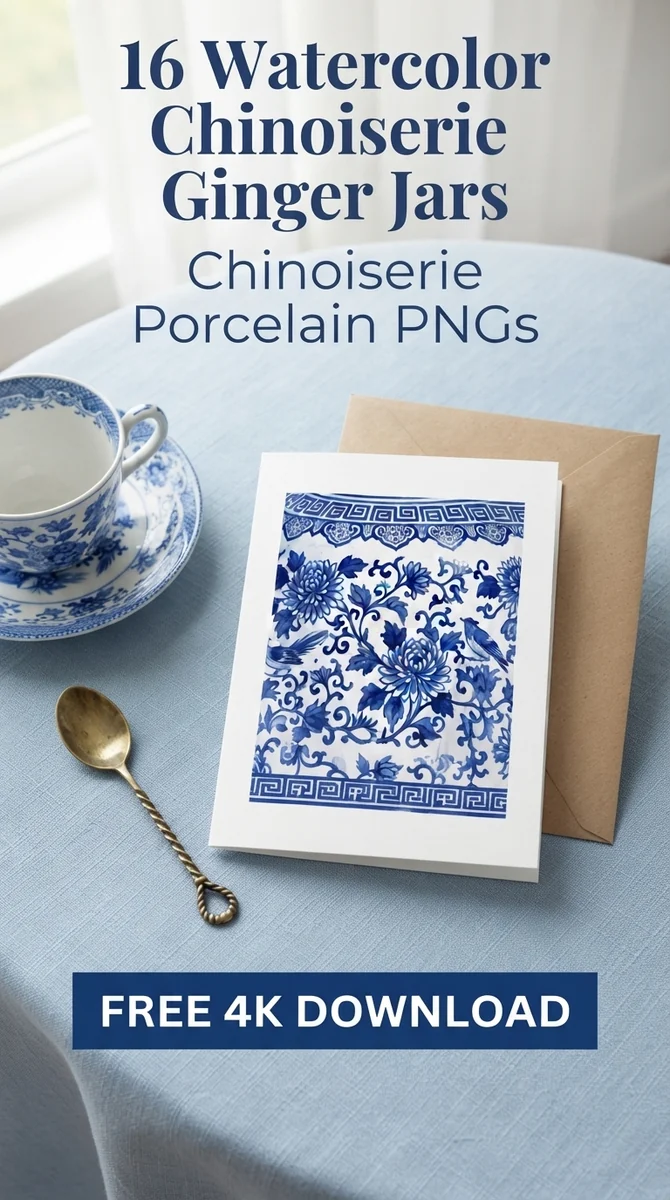 Free Blue Fretwork Ginger Jar PNG | Oriental Floral Clipart — Grandmillennial | Chinoiserie Clipart PNGs watercolor clipart