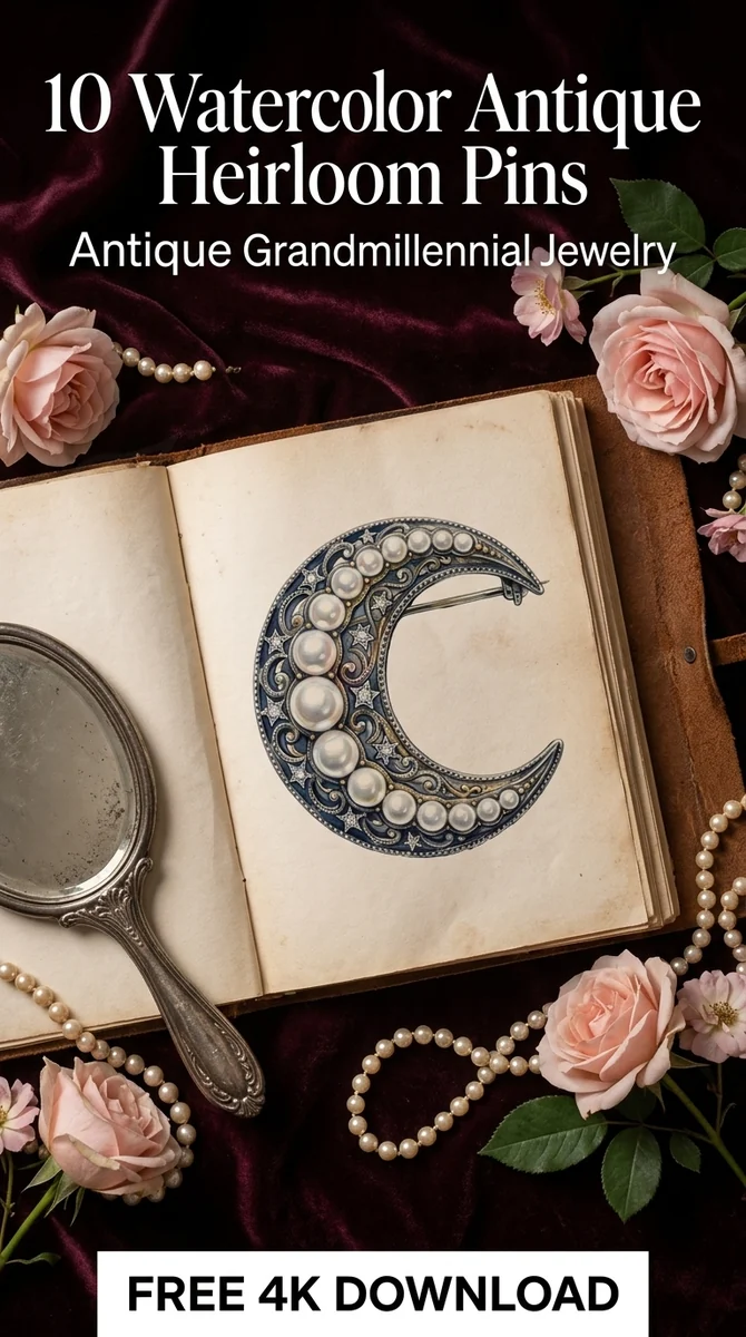 Free Celestial Pearl Crescent Moon PNG | Vintage Star Brooch Clipart — Antique Heirloom Pins Clipart watercolor clipart