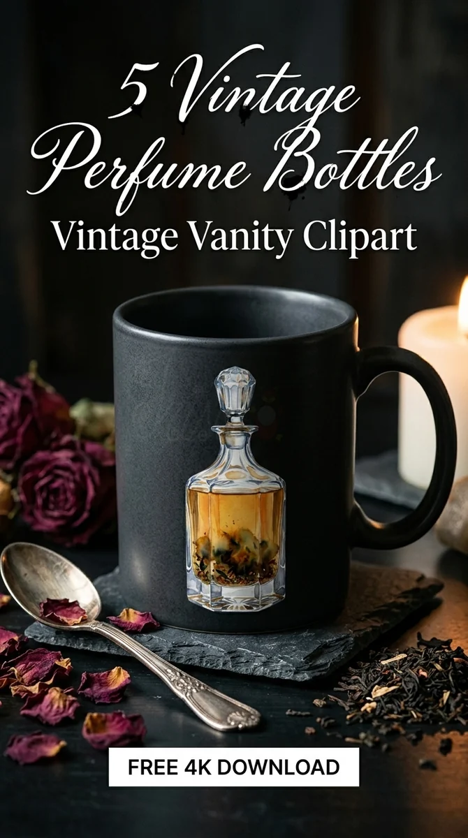 Free Botanical Apothecary Perfume PNG | Vintage Glass Clipart — Antique Vanity | Vintage Perfume Clipart watercolor clipart