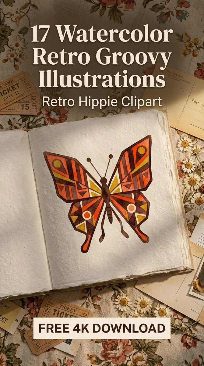 Free Retro Butterfly PNG | Boho Geometric Clipart — Retro Groovy Clipart | Hippie Aesthetic PNG watercolor clipart