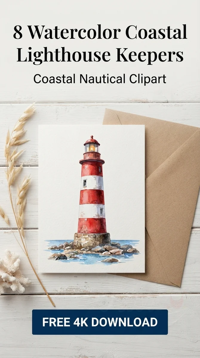 Free Coastal Beacon Tower PNG | Red Striped Lighthouse Clipart — Coastal Lighthouse | Nautical Watercolor Clipart watercolor clipart