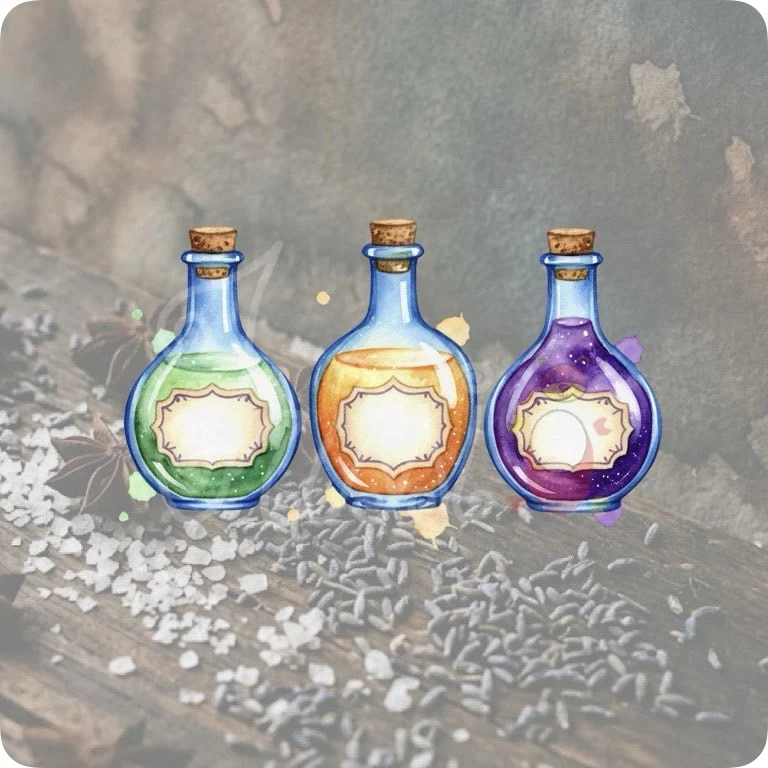 Free Glowing Magic Elixir Bottles PNG | Colorful Potion Clipart — Kitchen Witch Clipart | Green Witch Watercolor PNG watercolor clipart