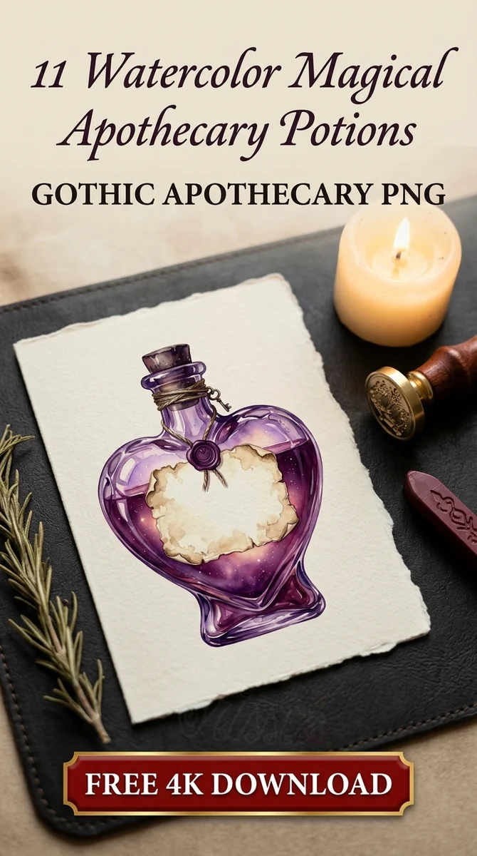 Free Heart Shaped Love Potion PNG | Amethyst Apothecary Clipart — Dark Academia | Witchy Apothecary Clipart PNG watercolor clipart