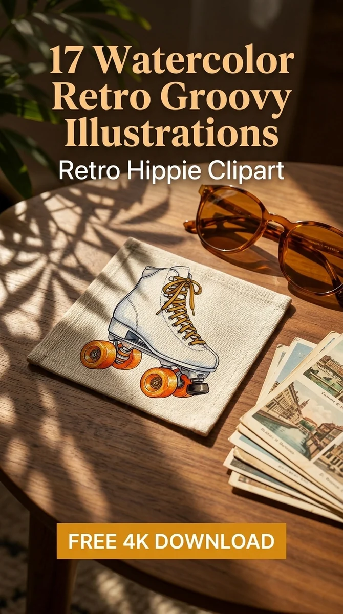 Free Vintage Roller Skates PNG | Retro Skate Clipart — Retro Groovy Clipart | Hippie Aesthetic PNG watercolor clipart