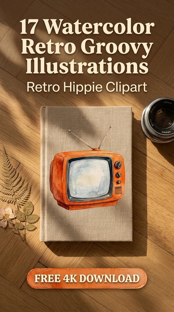 Free Retro Orange TV PNG | Vintage Television Clipart — Retro Groovy Clipart | Hippie Aesthetic PNG watercolor clipart