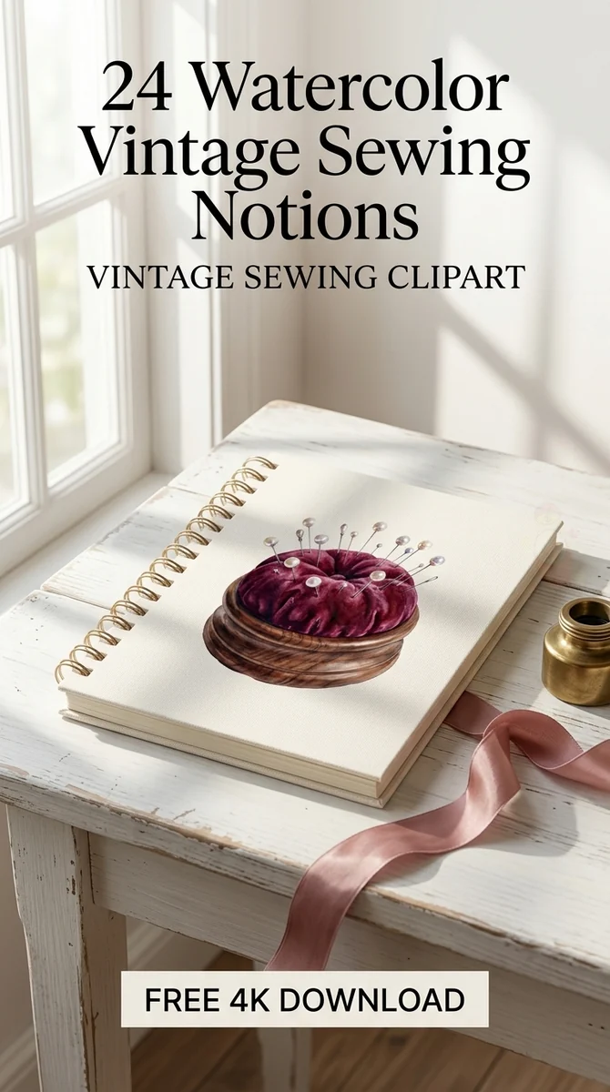 Free Red Velvet Pincushion PNG | Vintage Sewing Clipart with Pearl Pins — Vintage Sewing Clipart | Haberdashery PNG watercolor clipart