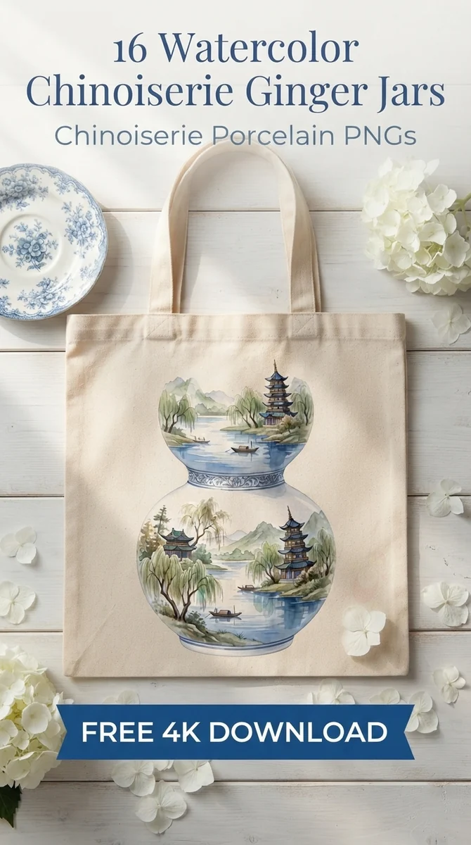 Free Pagoda Landscape Ginger Jar PNG | Asian Porcelain Clipart — Grandmillennial | Chinoiserie Clipart PNGs watercolor clipart