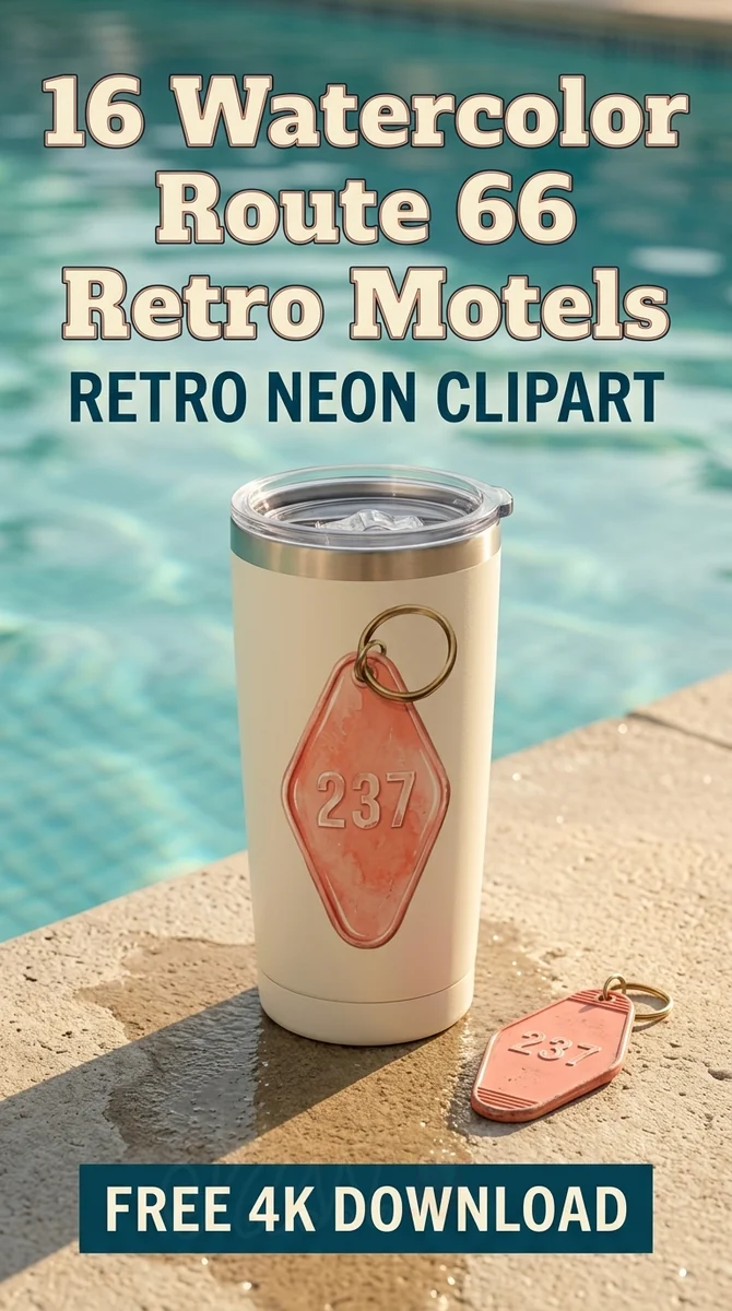 Free Retro Motel Keychain PNG | Room 237 Clipart — Route 66 Retro Neon Clipart Mid Century Modern PNG watercolor clipart