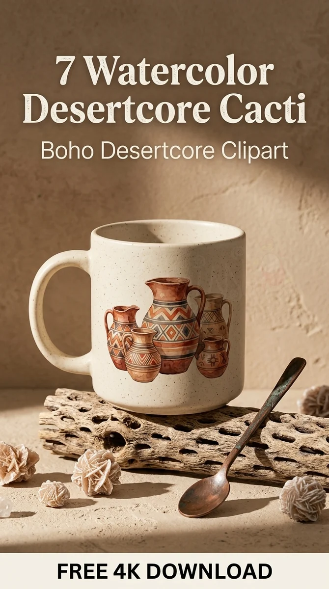 Free Southwestern Tribal Pottery PNG | Watercolor Desert Jugs — Boho Desertcore Cacti Clipart watercolor clipart