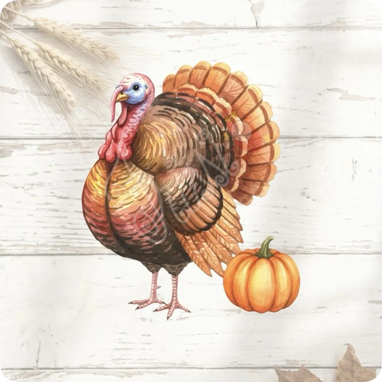 Free Turkey with Pumpkin PNG | Rustic Fall Harvest Thanksgiving Art — Rustic Farm Bird Clipart | Watercolor Turkey Duck watercolor clipart