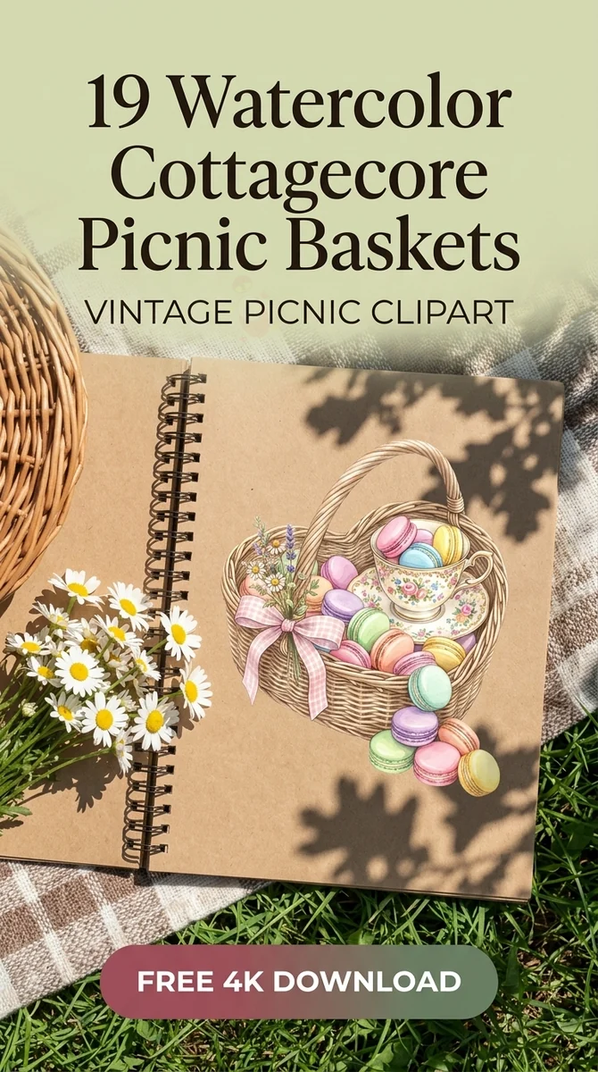 Free Heart Picnic Basket PNG | Cute Watercolor Macarons Clipart — Cottagecore Picnic | Watercolor Clipart PNG watercolor clipart
