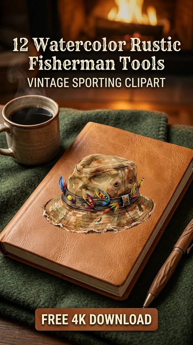 Free Vintage Fisherman Hat PNG | Fly Fishing Clipart — Rustic Fisherman Clipart | Vintage Fishing PNG watercolor clipart