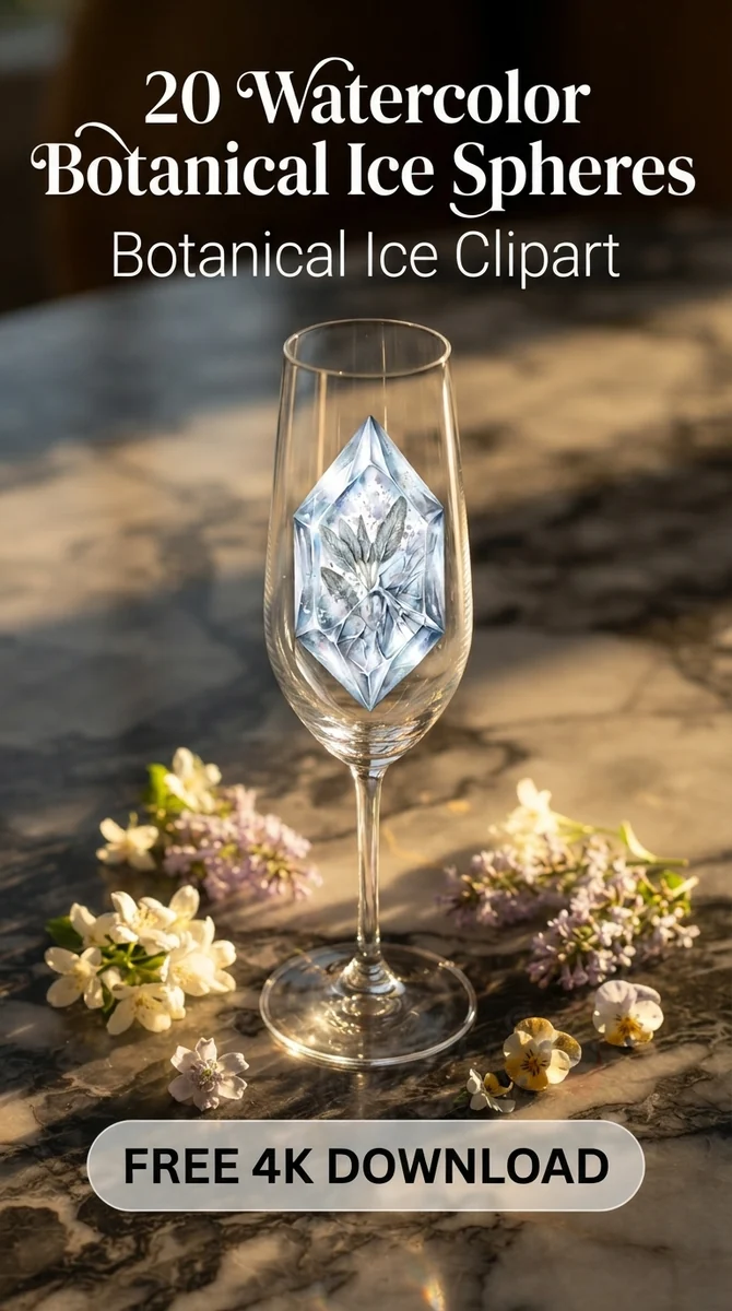 Free Sage Ice Shard PNG | Crystal Frozen Herb Clipart — Botanical Ice Spheres | Floral Cocktail Clipart watercolor clipart
