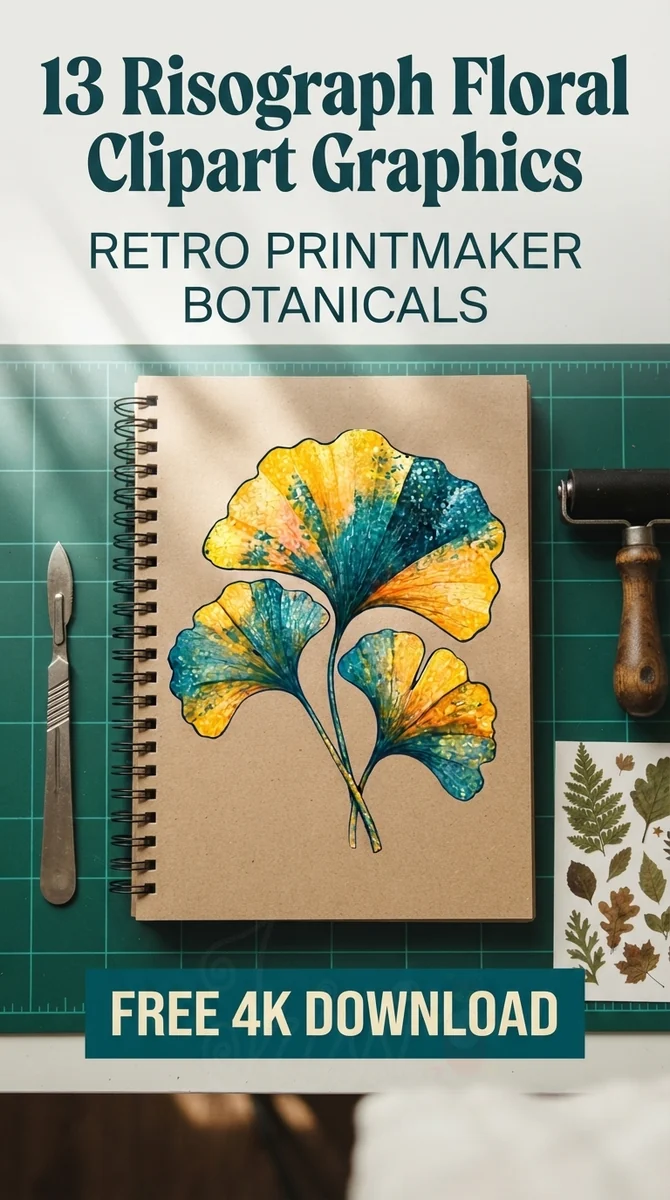 Free Blue & Yellow Ginkgo PNG | Riso Foliage Clipart — Risograph Floral Clipart | Retro Riso Art PNG watercolor clipart