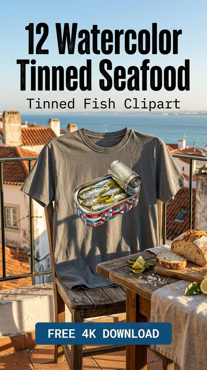 Free Colorful Sardine Tin PNG | Gourmet Conservas Clipart — Sardine Girl Summer | Tinned Fish Clipart PNG watercolor clipart