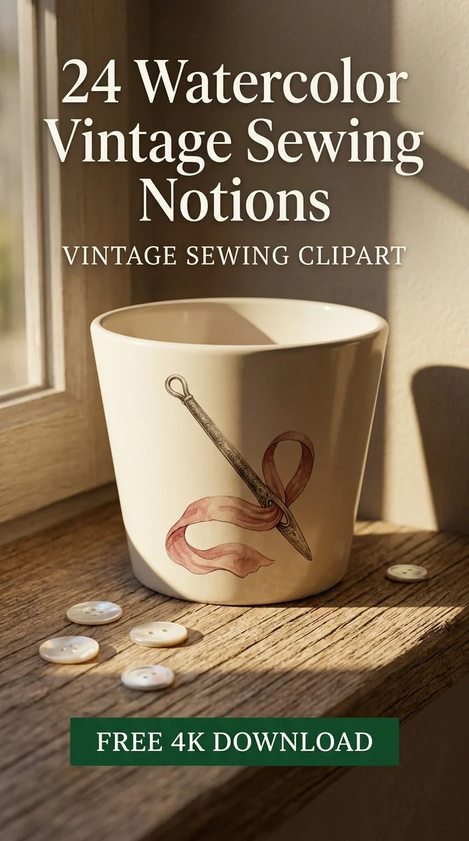 Free Silver Bodkin PNG | Vintage Sewing Needle Clipart with Pink Ribbon β Vintage Sewing Clipart | Haberdashery PNG watercolor clipart