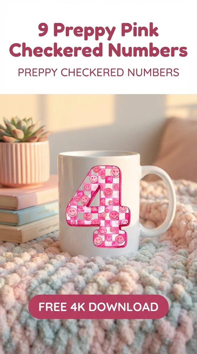 Free Pink Checkered Number 4 PNG | Preppy Clipart — Preppy Pink Checkered Numbers | Y2K Birthday PNG watercolor clipart