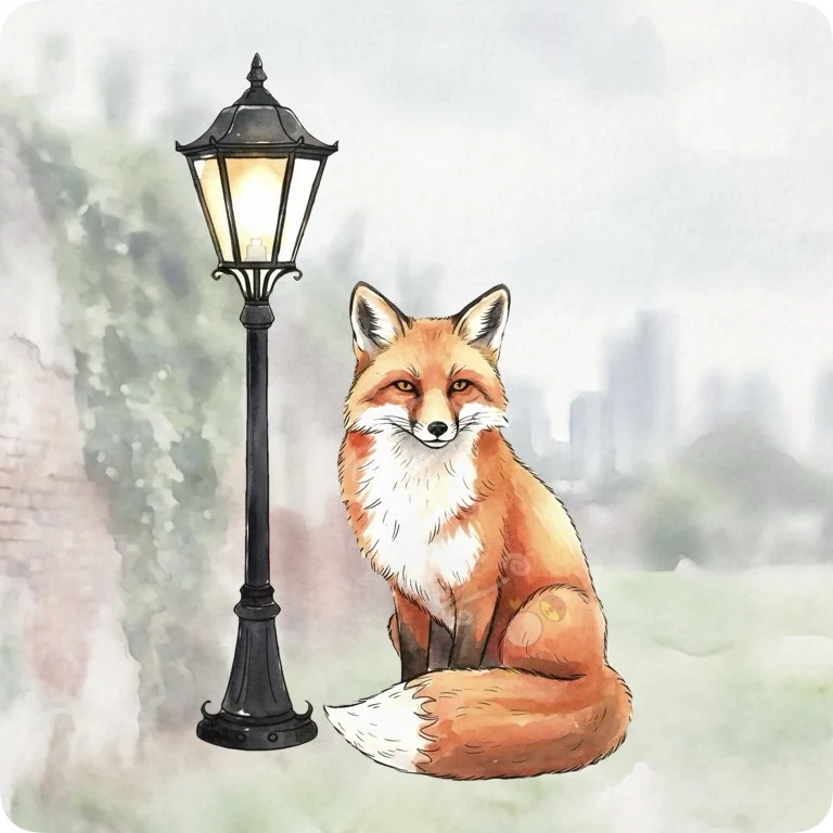 Free City Fox by Street Lamp PNG | Whimsical Urban Wildlife Clipart — Urban Wildlife Watercolor Clipart City Animal PNG watercolor clipart
