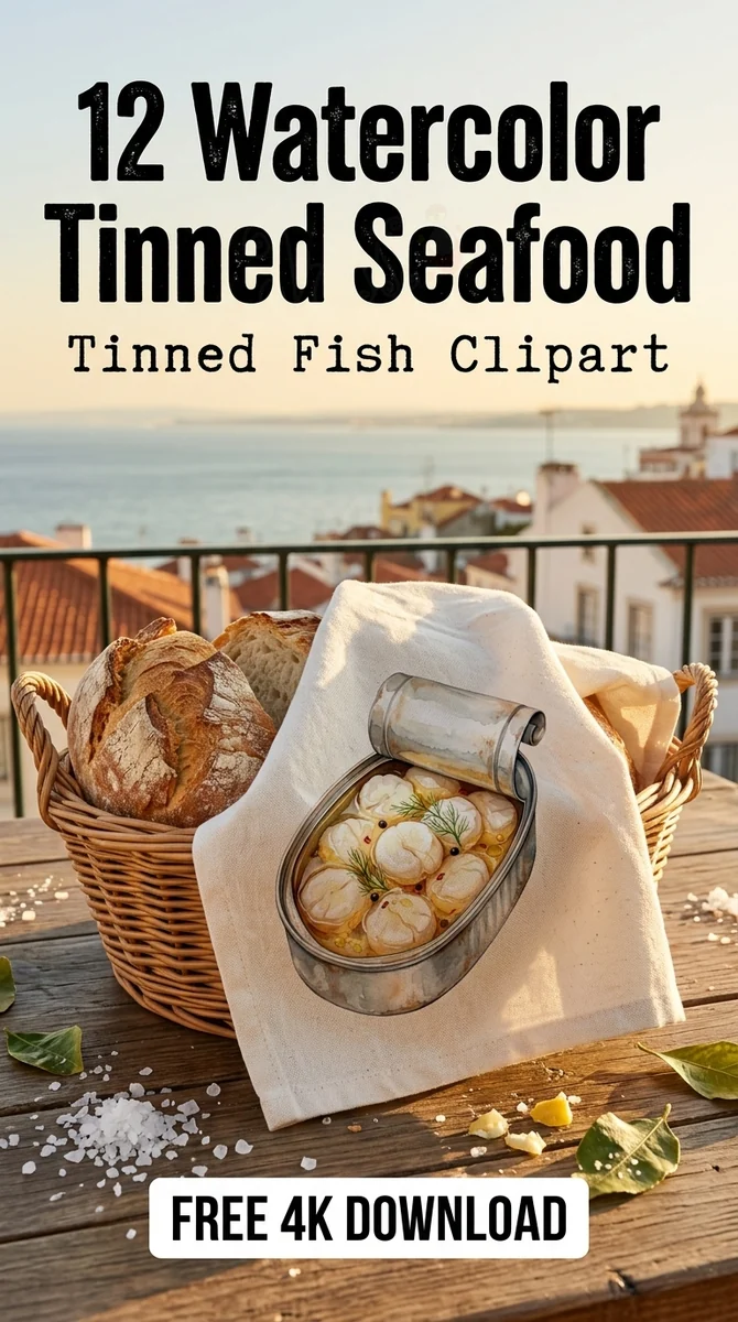 Free Gourmet Scallop Tin PNG | Artisan Seafood Illustration — Sardine Girl Summer | Tinned Fish Clipart PNG watercolor clipart